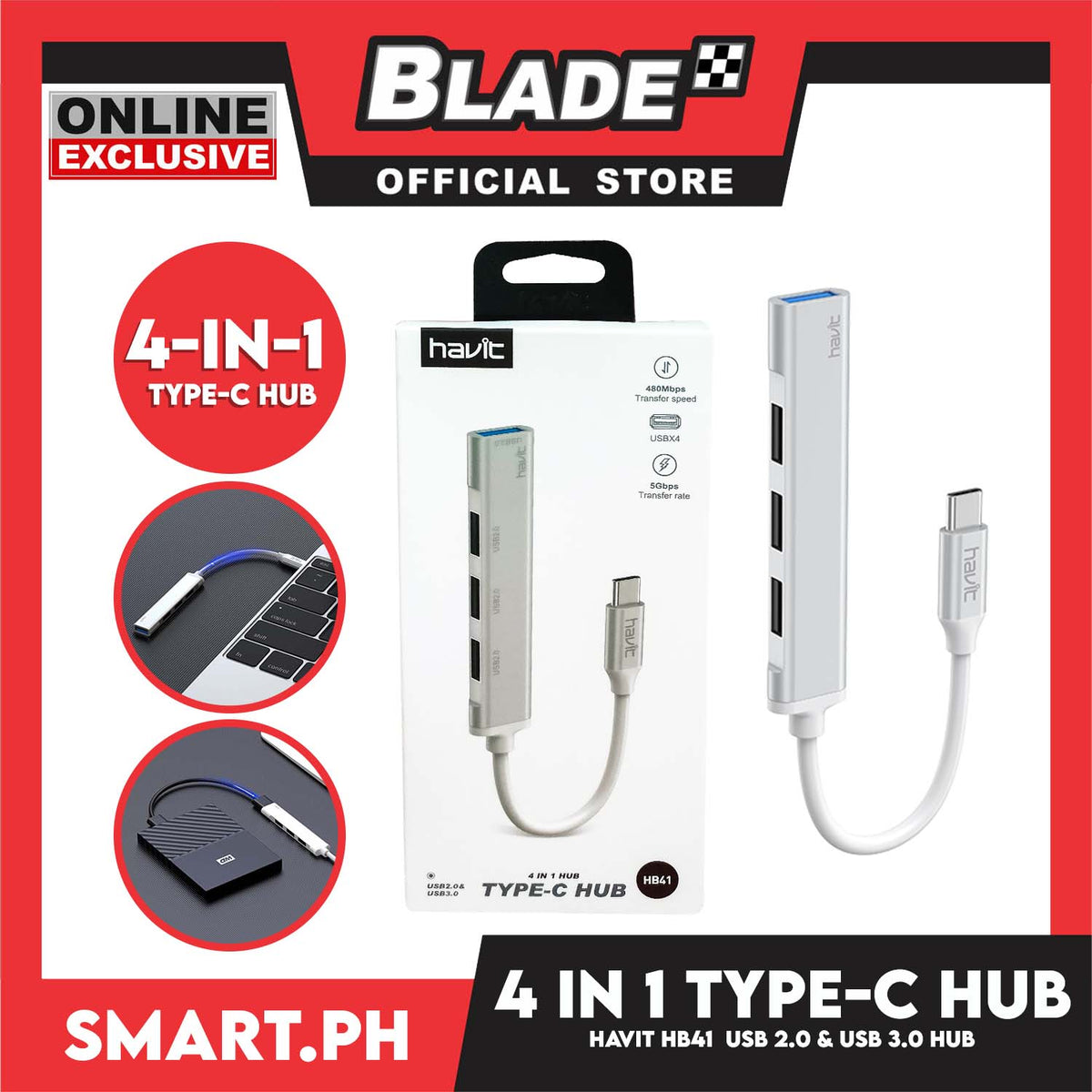 Havit Adaptor 4 In 1 Hub Type-C Cable HB41 (Silver) Multi Splitter Adapter, 480Mbps Transfer Speed, 5Gbps Transfer Rate