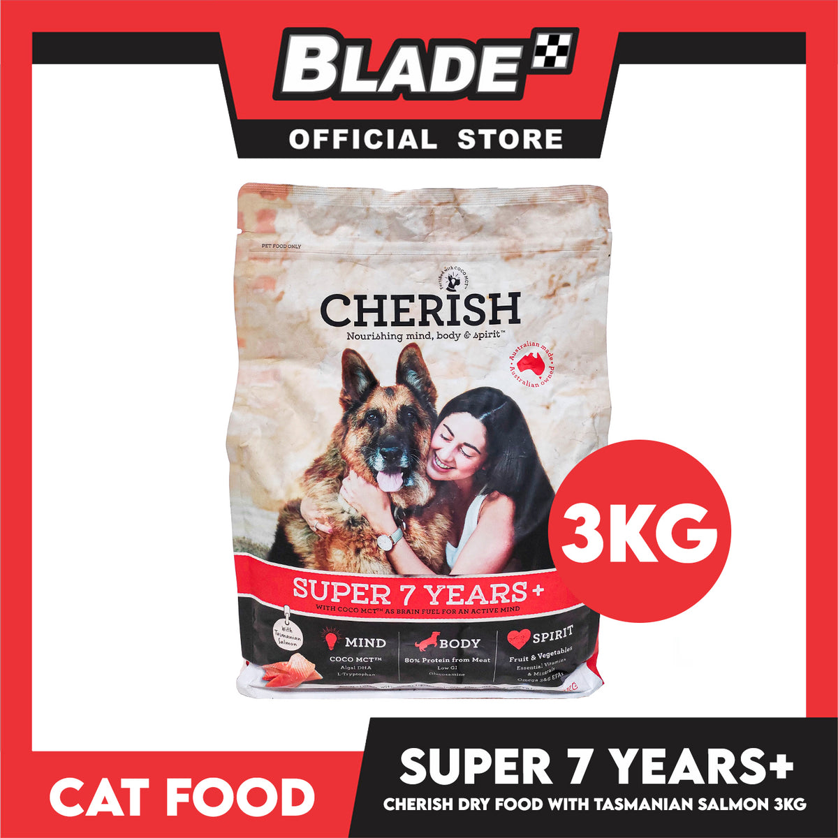 Cherish Nourishing Mind, Body And Spirit Super 7 Years+ With Tasmanian Salmon 3kg With Coco MCT As Brain Fuel Activite Mind Dog Food, Dog Dry Food