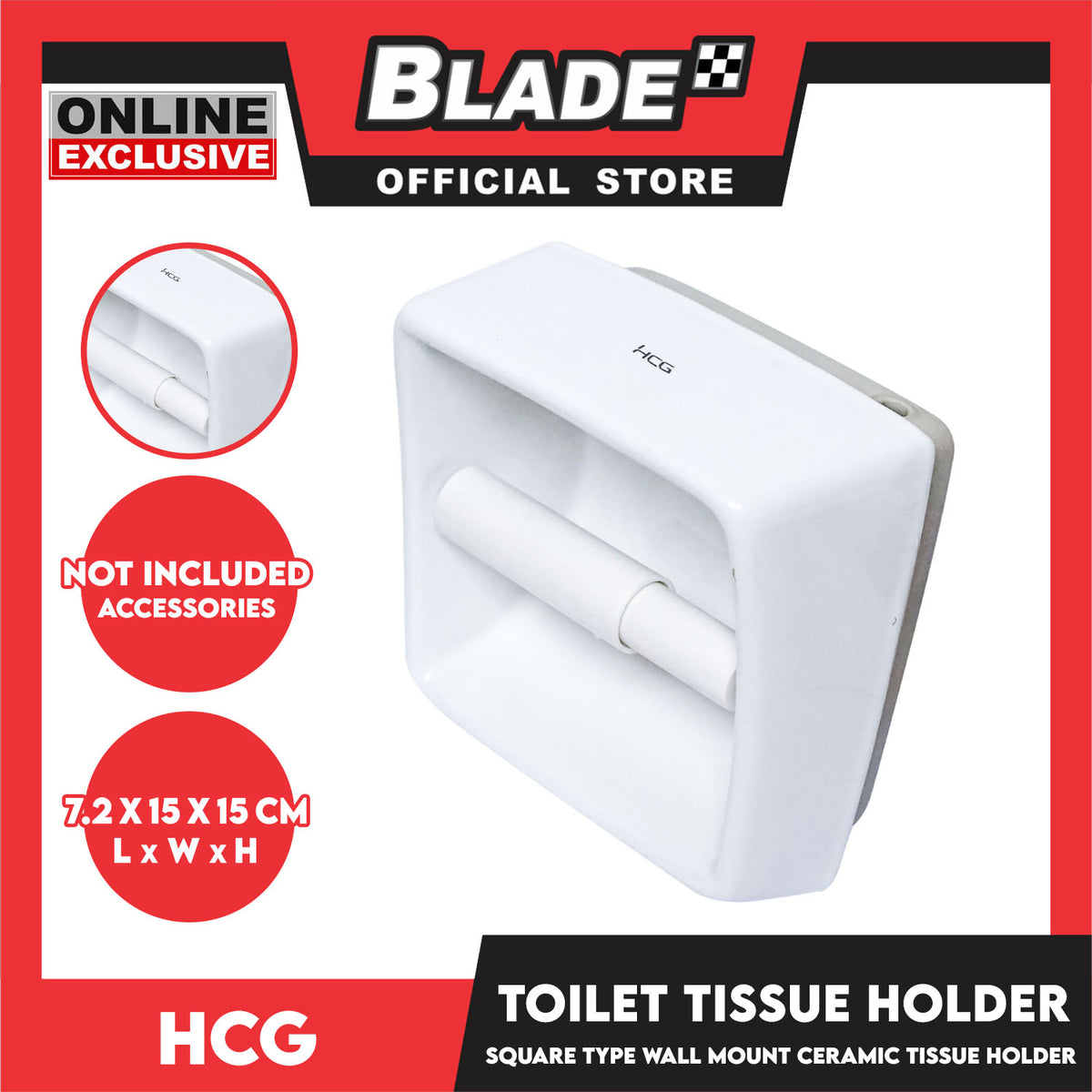 HCG Ceramic Toilet Tissue Holder Replacement, Square Type Wall Mount 7.2 x 15 x 15cm S8 (White) Accessories Not Included
