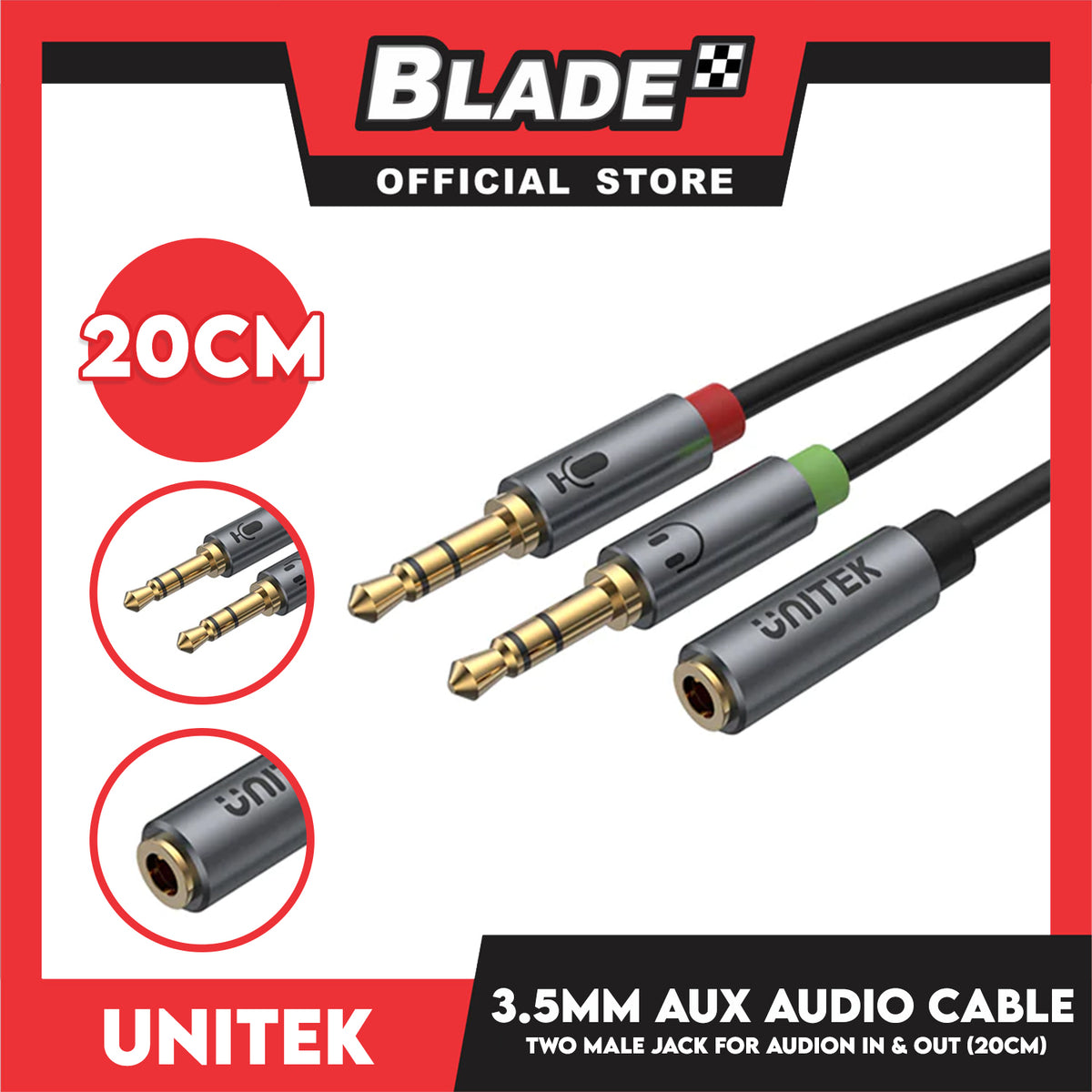 Unitek 3.5mm AUX Audio Cable With Two Male Jack For Audio In And Out 20cm YC957ABK Headphone Splitter For Dual Headphone (3.5mm Plug to Dual 3.5mm Jack) Stereo Audio Cable