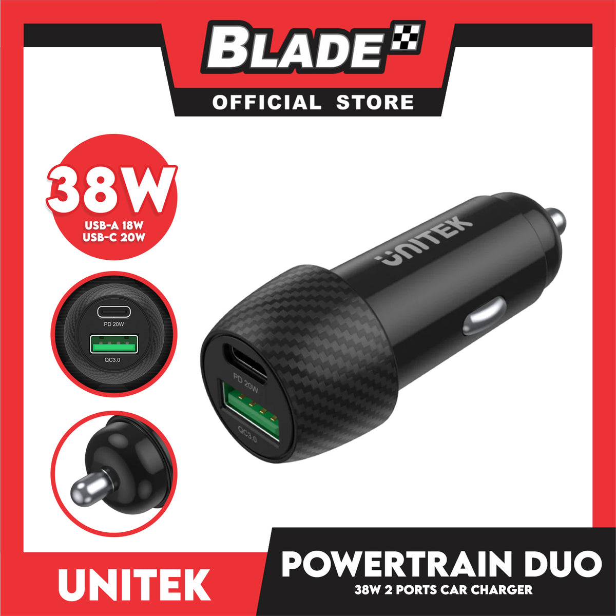 Unitek Powertrain Duo 38W Two Ports Car Charger, Power Delivery 20W Plus QC3.0 18W P1400A