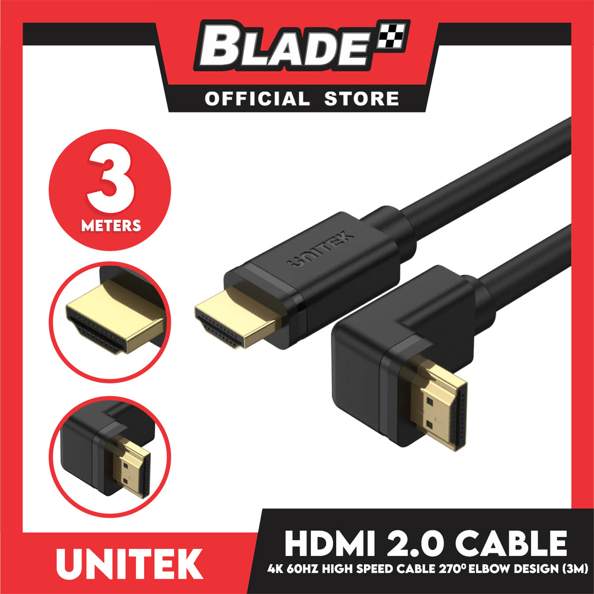 Unitek Cable 4K - 60Hz High Speed HDMI 2.0 Cable With Right Angle 270 Elbow Design, Support HDR10, HDCP2.2, 3D And 7.1 Surround Sound 3 Meters YC1009