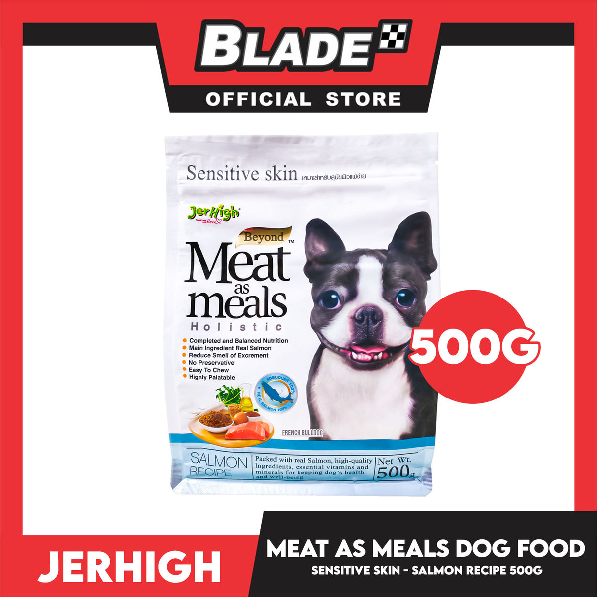 Jerhigh Meat As Meals Holistic, Soft And Tender Semi-Moist Dog Food 500g For Sensitive Skin (Salmon Recipe Flavor)