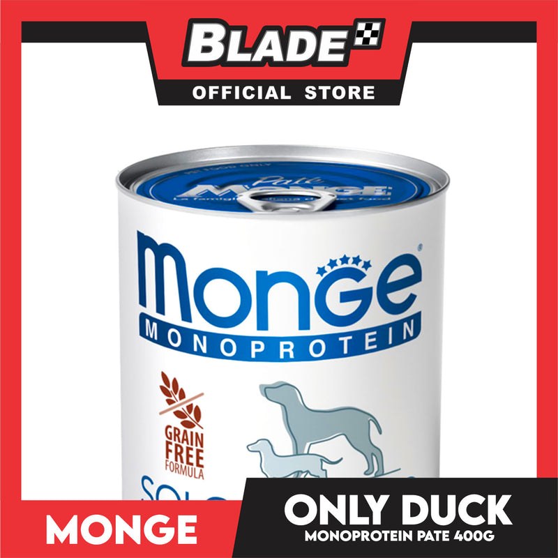 Monge Monoprotein Solo Pate Wet Dog Food, Grain Free 400g (Solo Anatra, Only Duck) For Daily Diet Of All Breeds Puppies Canned Food