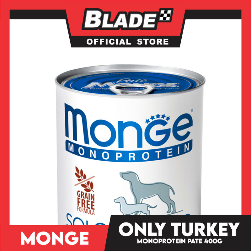 Monge Monoprotein Solo Pate Wet Dog Food, Grain Free 400g (Solo Tachinno, Only Turkey) For Daily Diet Of All Breeds Puppies Canned Food