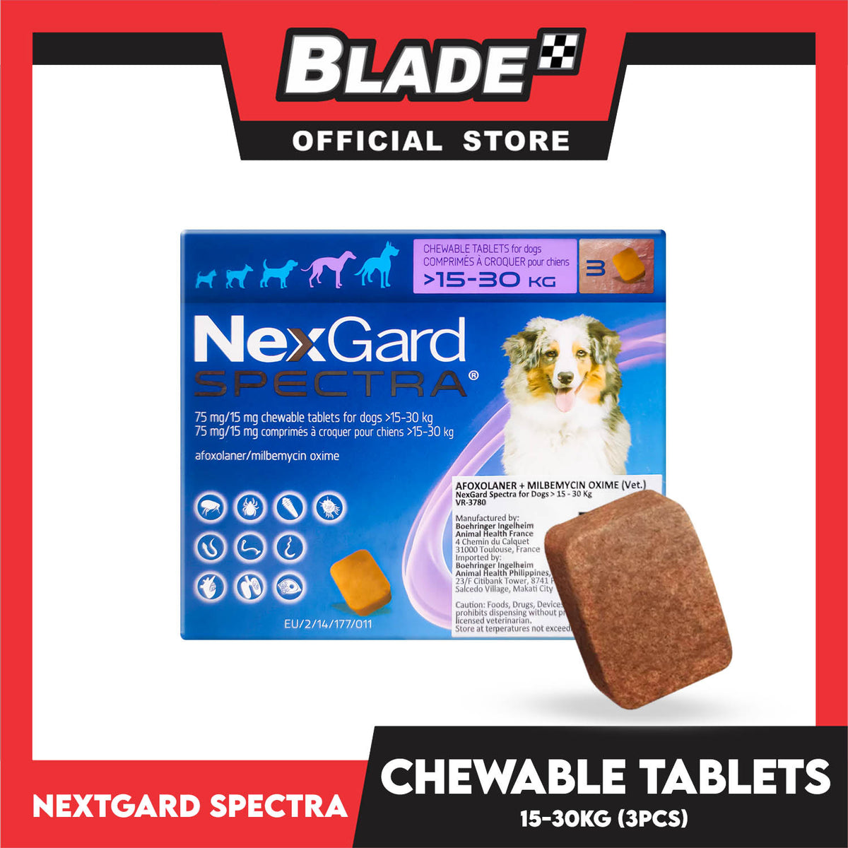 NexGard Spectra Chewable Tablets For Dogs Large 15-30kg 75mg/15mg (3 Tablets) For Dogs Protection Against Fleas, Ticks, Mites, Heartworm And Worms