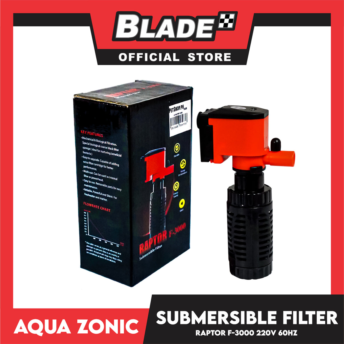 Raptor F-3000 Submersible Filter 1.8W, Max Flow 300, Max Height 0.65, Cartridge 1, 220V-240V 60Hz, Durable, Silent, Energy Saving And Strong Performance Fish Tank Filter
