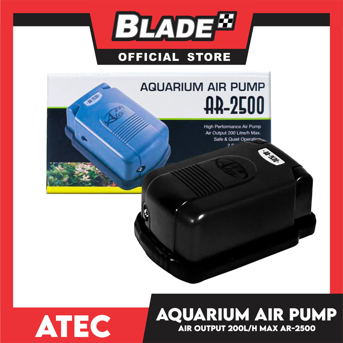 Atec Aquarium Air Pump AR-2500, Aquarium 80-200L, Flow Rate 200L/hr, Pressure 0.02MPa, High Performance Air Pump, Air Output 200 Litre Max, Safe And Quiet Operation, 2 Speed Control, Single Outlet