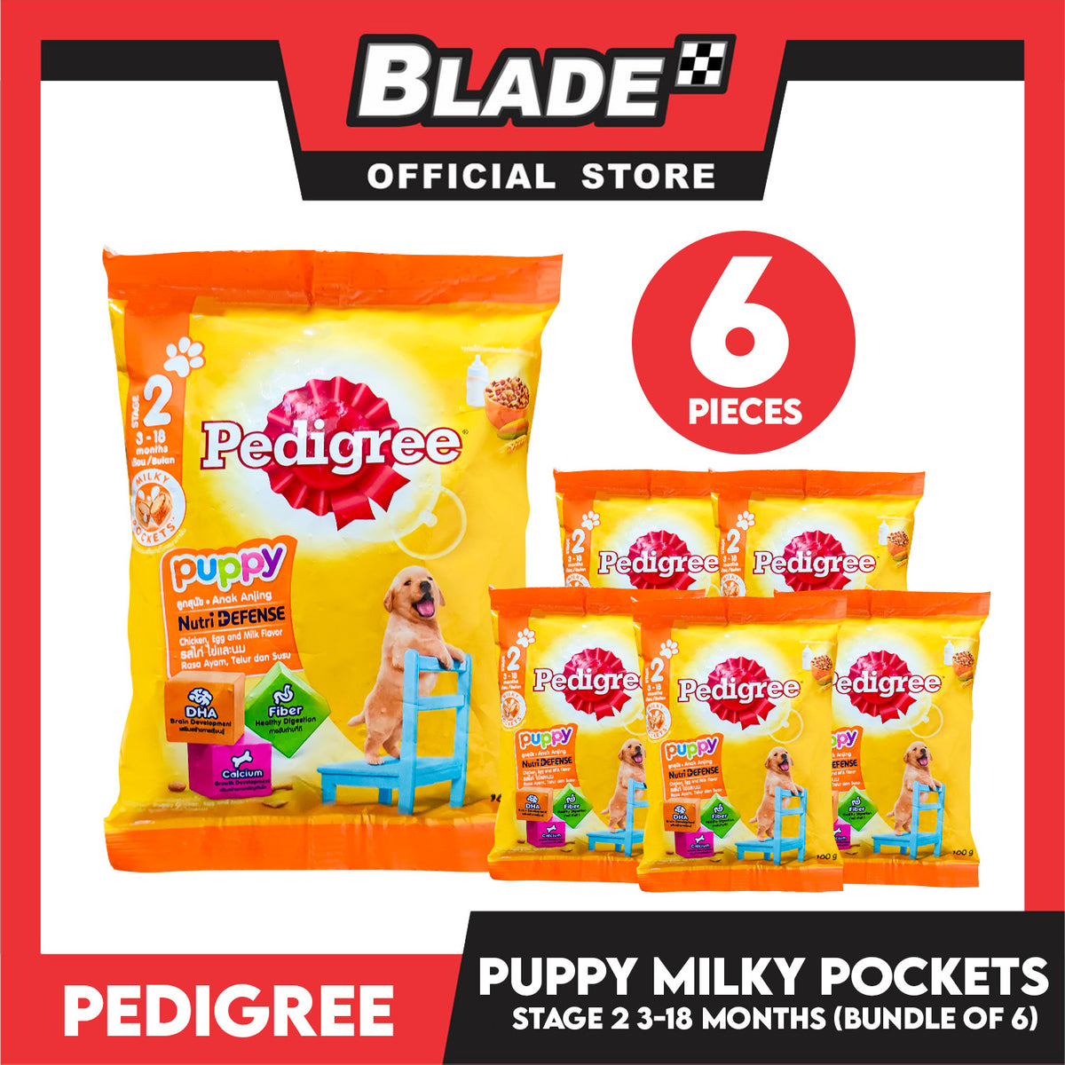 6pcs Pedigree Nutri Defense For Puppy Chicken, Egg And Milk Flavor 100g (Stage 2 For 3-18 Months) Milky Pockets, Dog Dry Food