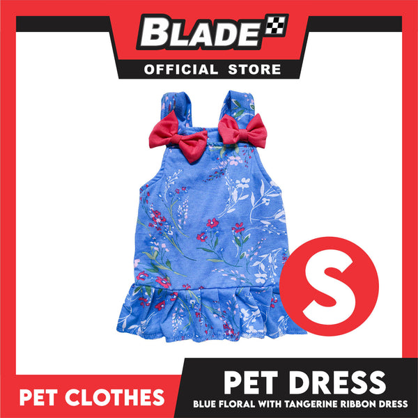Pet Dress Blue Floral With Tangerine Ribbon Dress Pet Clothes (Small) Perfect Fit For Dogs And Cats