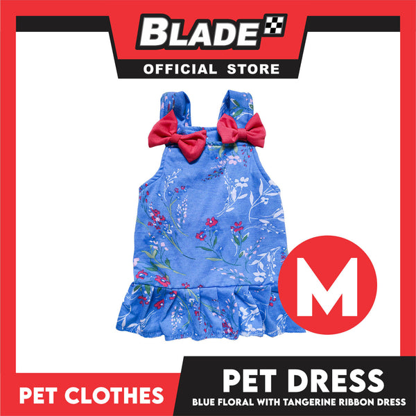 Pet Dress Blue Floral With Tangerine Ribbon Dress Pet Clothes (Medium) Perfect Fit For Dogs And Cats