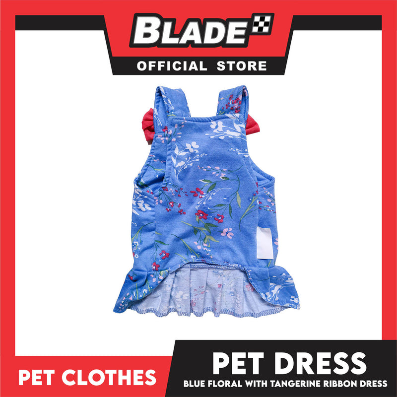 Pet Dress Blue Floral With Tangerine Ribbon Dress Pet Clothes (Large) Perfect Fit For Dogs And Cats