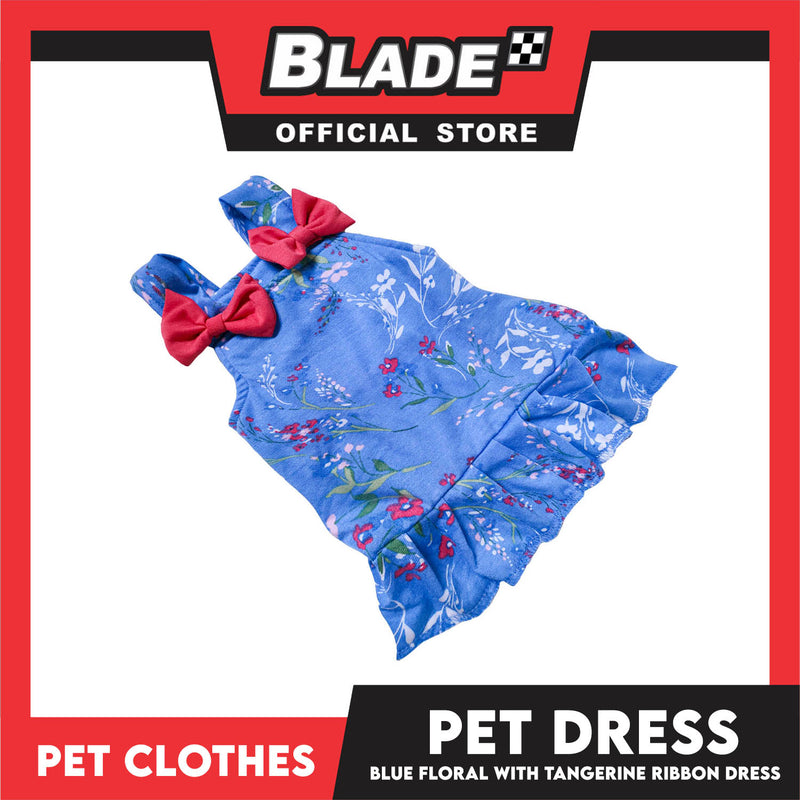 Pet Dress Blue Floral With Tangerine Ribbon Dress Pet Clothes (Large) Perfect Fit For Dogs And Cats