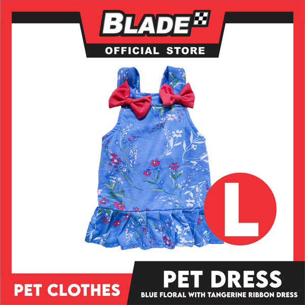 Pet Dress Blue Floral With Tangerine Ribbon Dress Pet Clothes (Large) Perfect Fit For Dogs And Cats