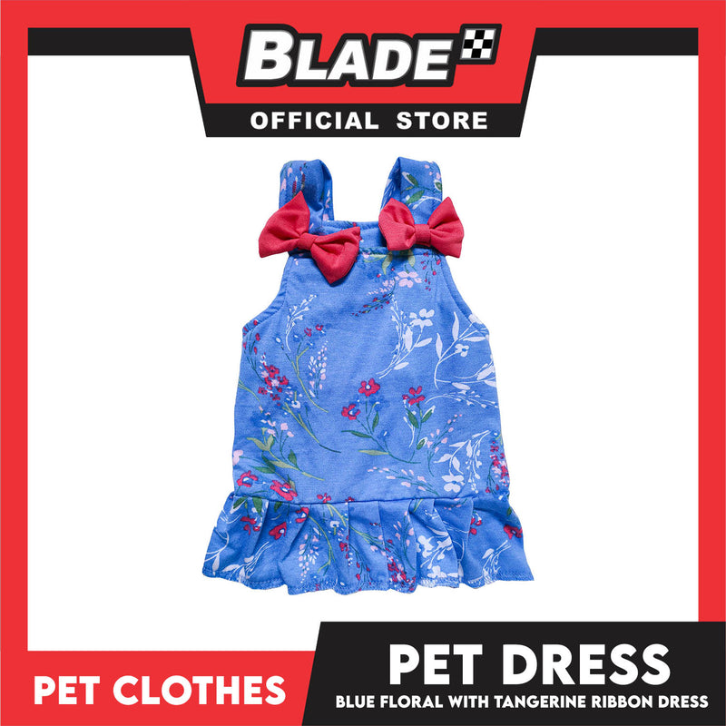 Pet Dress Blue Floral With Tangerine Ribbon Dress Pet Clothes (XL) Perfect Fit For Dogs And Cats