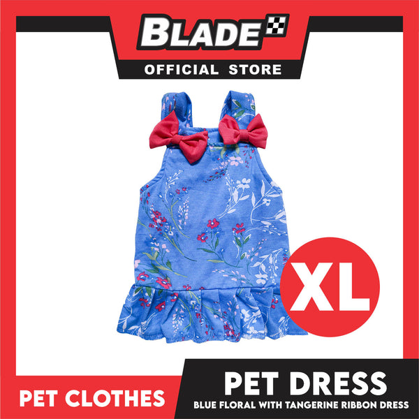Pet Dress Blue Floral With Tangerine Ribbon Dress Pet Clothes (XL) Perfect Fit For Dogs And Cats