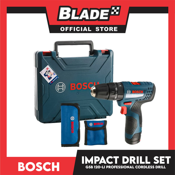 Bosch Cordless Impact Drill Driver Carrying Case GSB 120-LI 12V 220-240V (23pcs Accessories Set, 1x GBA 12V 2.0Ah, 1x GAL 1210 CV Charger)