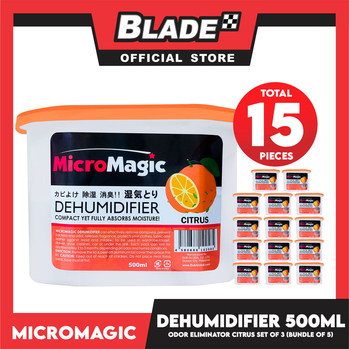 15pcs Micromagic Dehumidifier 500ml (Citrus) Eliminates Musty Odor, Suitable For Your Car And Closets (Bundle Of 5)