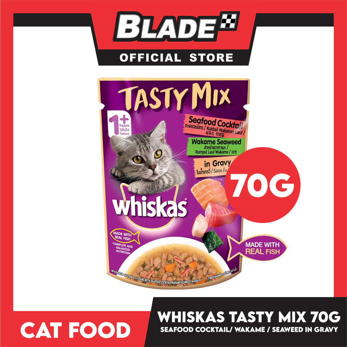 Whiskas Tasty Mix For Adult 1+ Year Cat Food 70g (Seafood Cocktail Wakame Seaweed In Gravy) Cat Wet Food, Cat Pouch Food