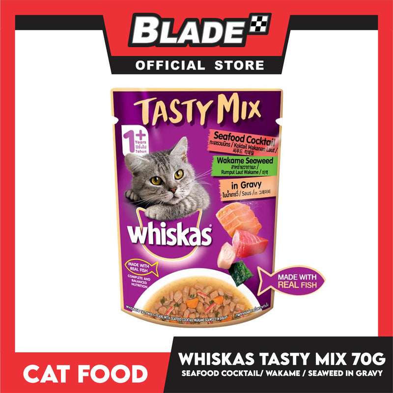 Whiskas Tasty Mix For Adult 1+ Year Cat Food 70g (Seafood Cocktail Wakame Seaweed In Gravy) Cat Wet Food, Cat Pouch Food