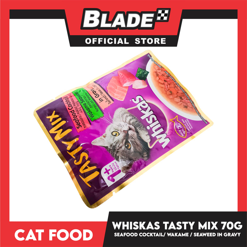 Whiskas Tasty Mix For Adult 1+ Year Cat Food 70g (Seafood Cocktail Wakame Seaweed In Gravy) Cat Wet Food, Cat Pouch Food