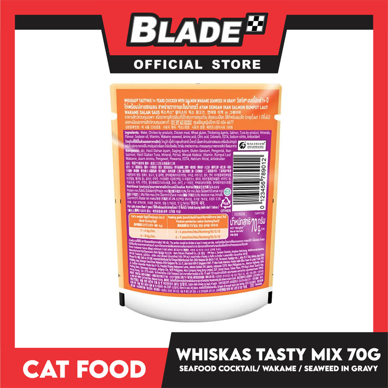 Whiskas Tasty Mix For Adult 1+ Year Cat Food 70g (Seafood Cocktail Wakame Seaweed In Gravy) Cat Wet Food, Cat Pouch Food
