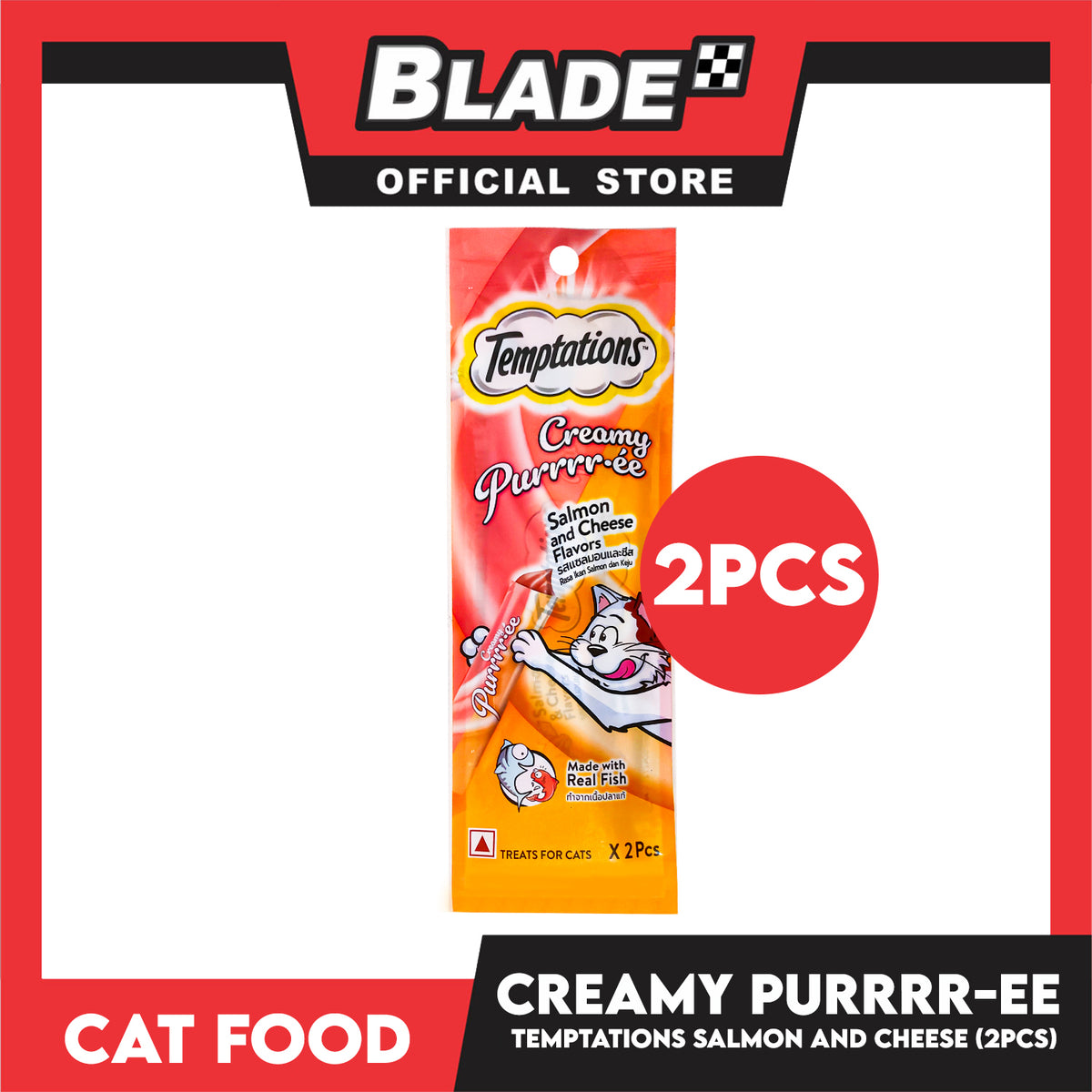 Temptations Creamy Pure Made With Real Fish Lickable Cat Treats 12g x 2pcs Sachets (Salmon And Cheese) Cat Wet Food, Cat Snack