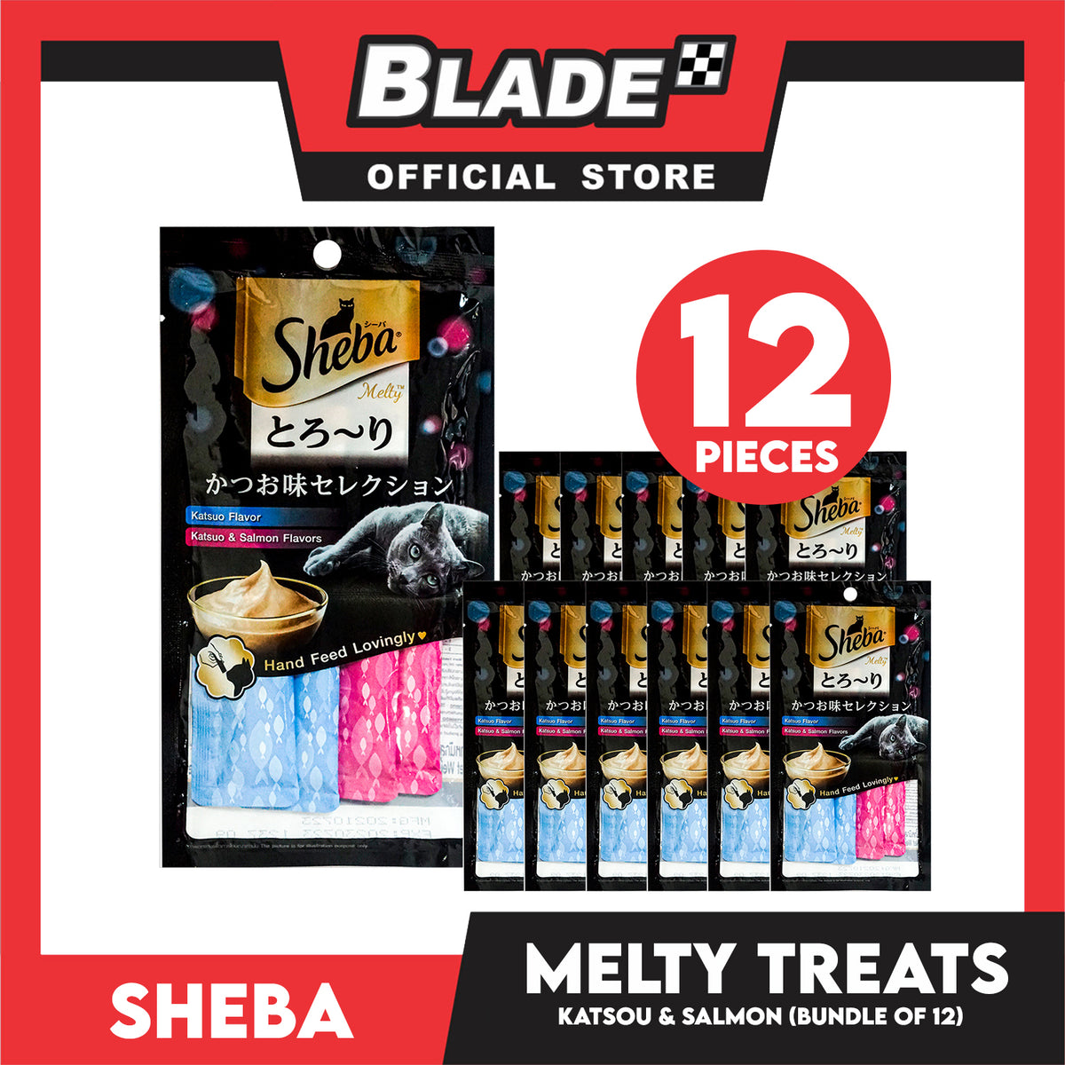 12pcs Sheba Melty Katsuo and Salmon Flavors Hand Feed Lovingly 12g x 48 sachets Cat Treats