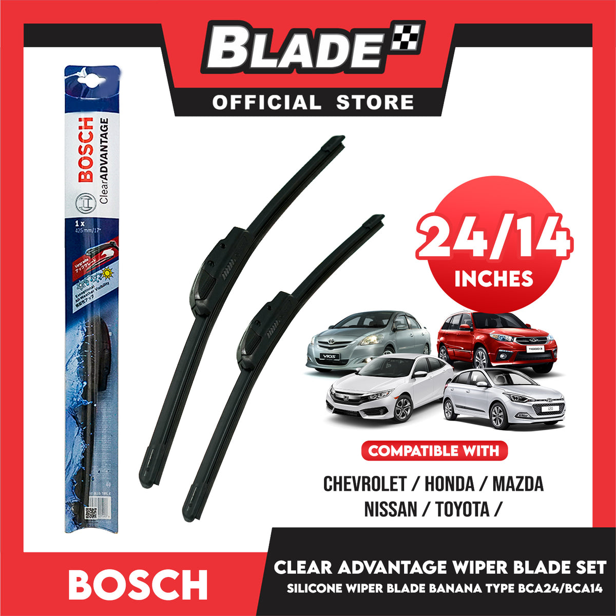 Bosch Wiper Blade Clear Advantage Wiper Blade Set, Banana Type BCA24 24' ' And BCA14 14' ' Set of 2pcs Car Wiper For Chevrolet, Honda, Mazda, Nissan, Toyota