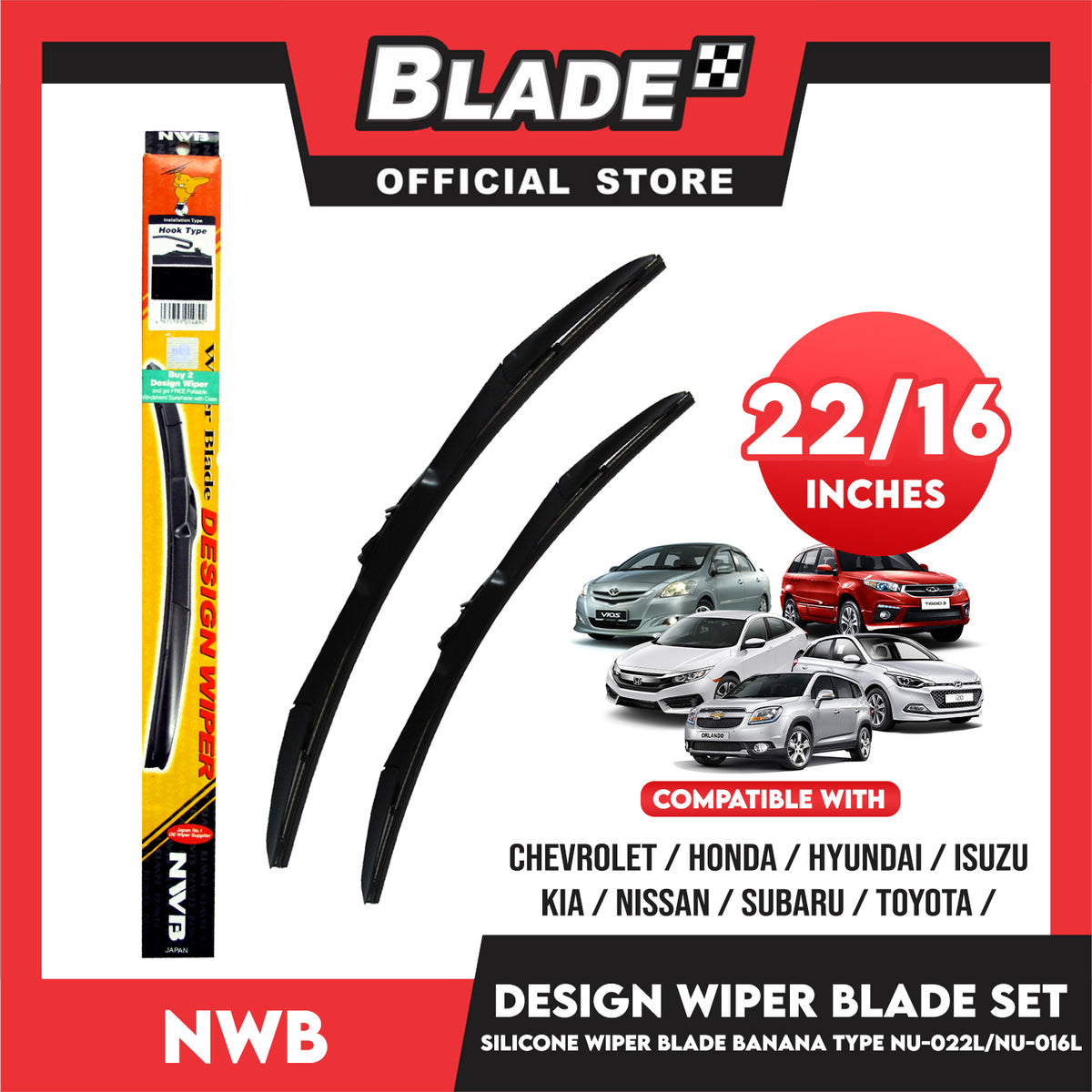 NWB Design Wiper Blade Set, Banana Type NU-022L 22' '  And NU-016L 16' ' Set of 2pcs Car Wiper For Chevrolet, Honda, Hyundai, Isuzu, Kia, Nissan, Subaru, Toyota