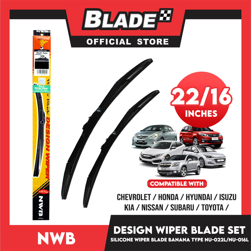 NWB Design Wiper Blade Set, Banana Type NU-022L 22' '  And NU-016L 16' ' Set of 2pcs Car Wiper For Chevrolet, Honda, Hyundai, Isuzu, Kia, Nissan, Subaru, Toyota