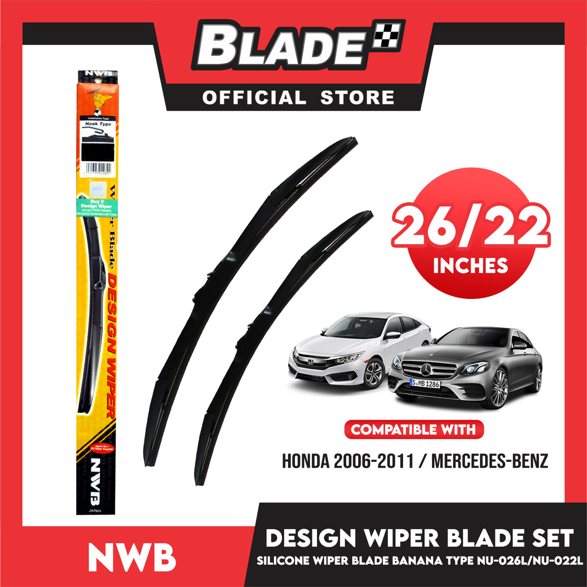 NWB Design Wiper Blade Set, Banana Type NU-026L 24' ' And NU-022L Set of 2pcs Car Wiper For Honda, Mercedes Benz
