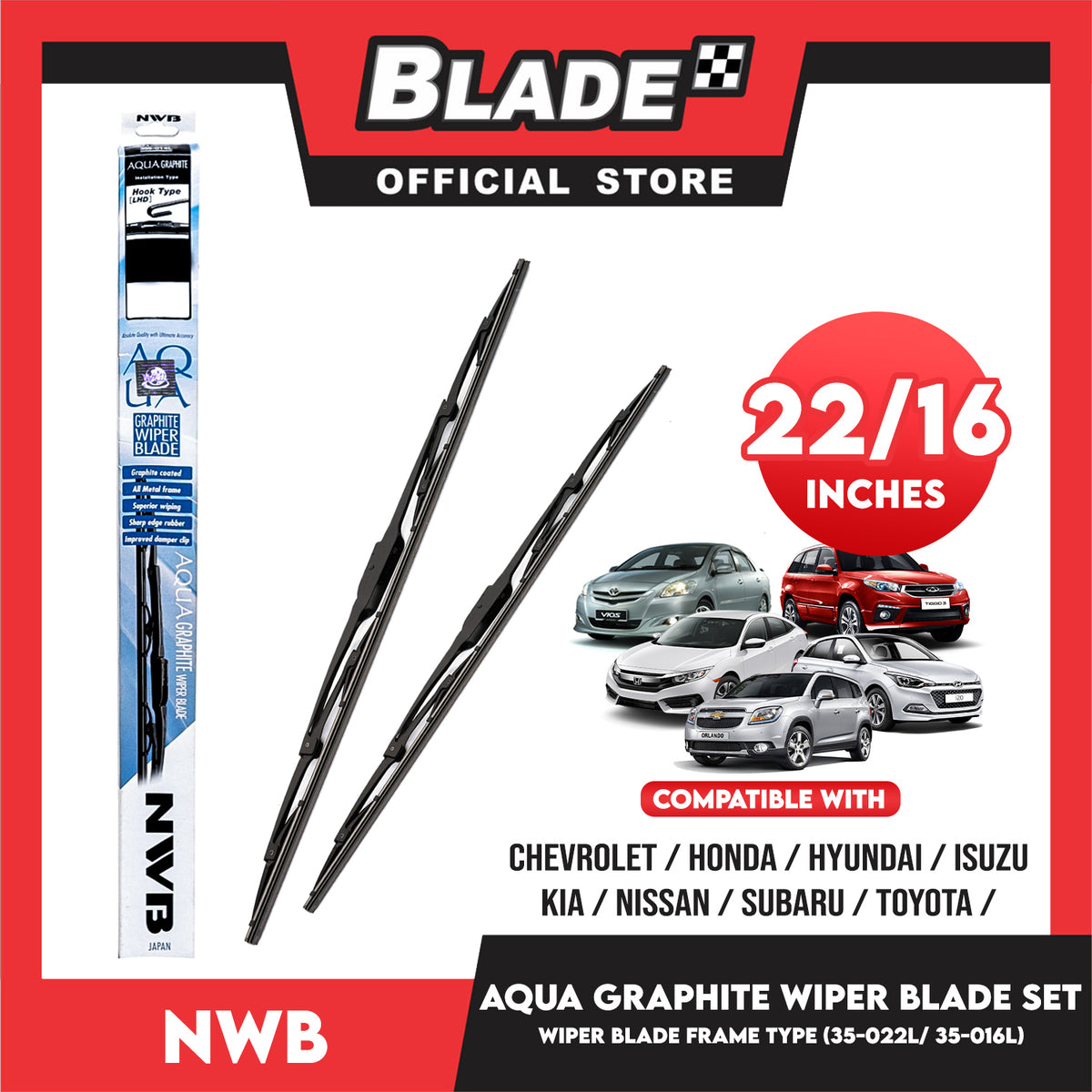 NWB Aqua Graphite Wiper Blade Set, Blade Frame Type 35-022L 22' ' And 35-016L 16' ' Set of 2pcs Car Wiper For Chevrolet, Honda, Hyundai, Isuzu, Kia, Nissan, Subaru, Toyota