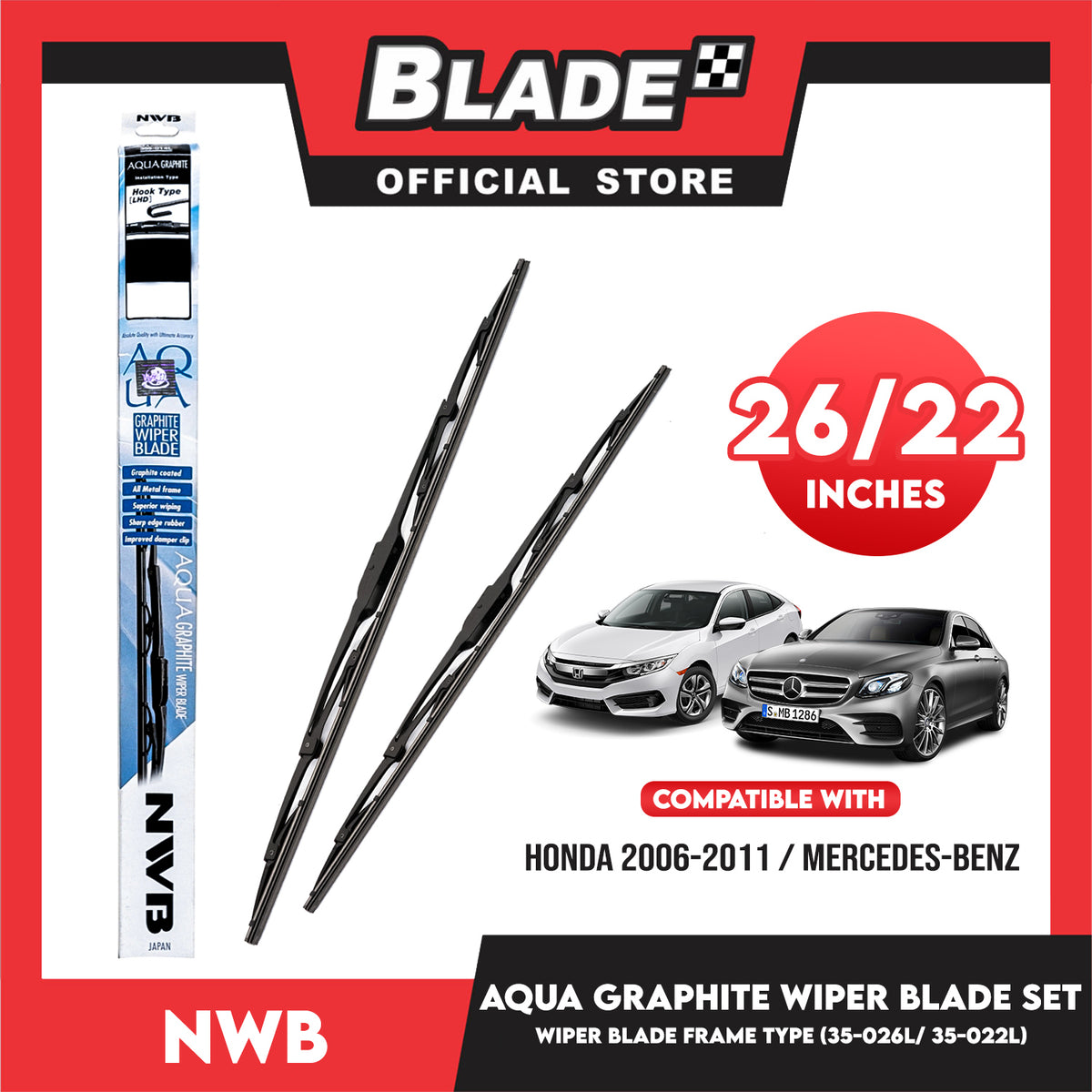 NWB Aqua Graphite Wiper Blade Set, Blade Frame Type 35-026L 26' ' And 35-022L 22' ' Set of 2pcs Car Wiper For Honda, Mercedes Benz
