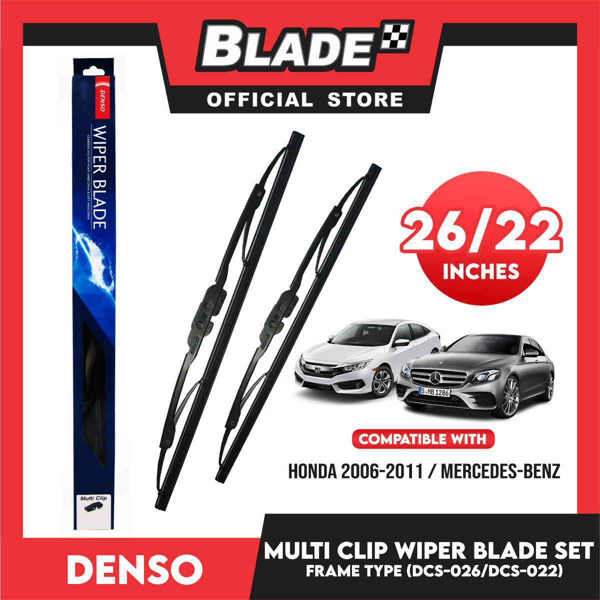 Denso Multi Clip Wiper Blade Set, Frame Type DCS-026/DRS026 26' ' And DCS-022/DRS022 22' ' Set of 2pcs Car Wiper For Honda, Mercedes Benz