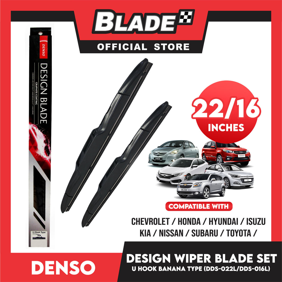 Denso Wiper Blade Set U-Hook Banana Type DDS-022L 22' ' And DDS-016L 16' ' Set of 2pcs Car Wiper For Chevrolet, Honda, Hyundai, Isuzu, Kia, Nissan, Subaru, Toyota