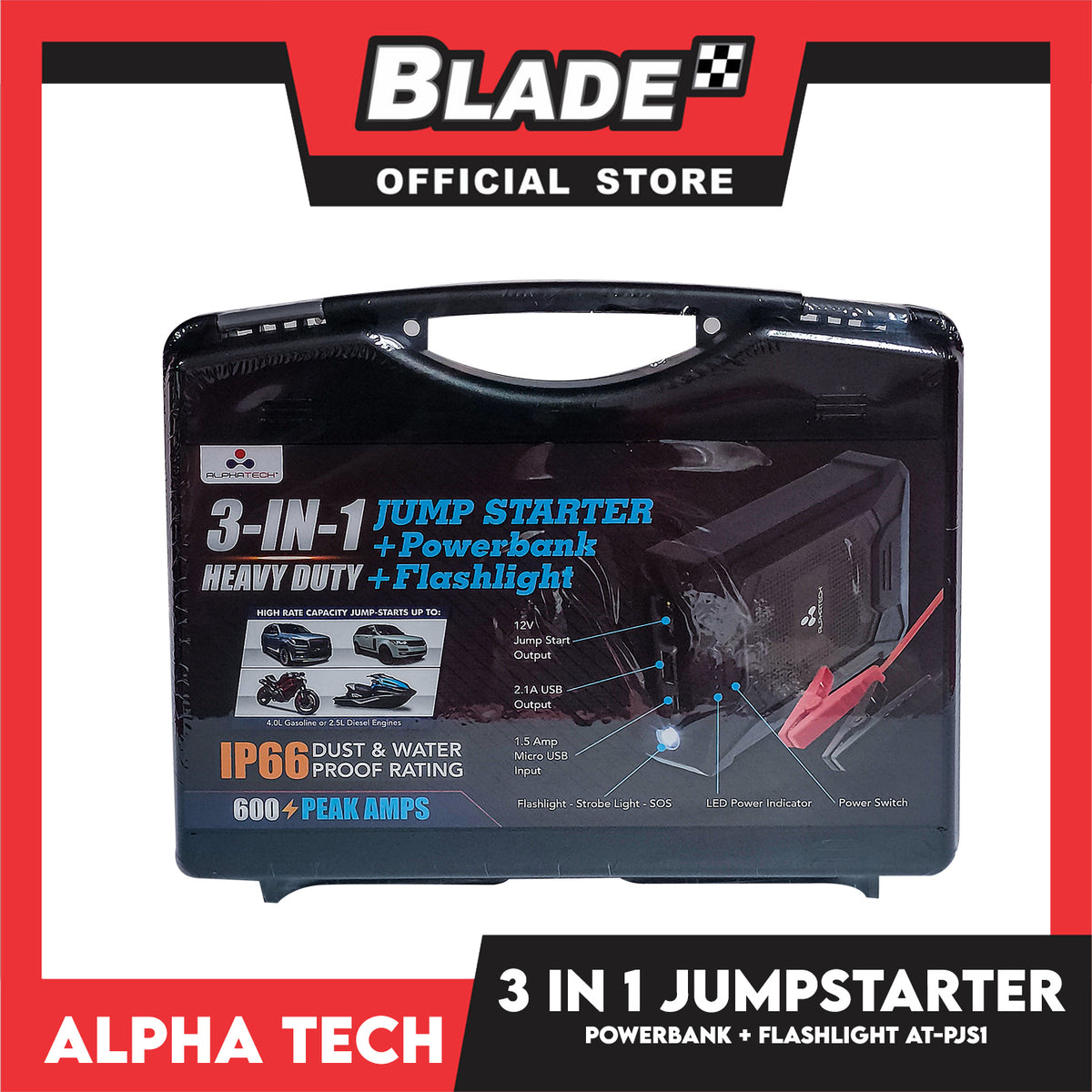 Alphatech 3 In 1 Heavy Duty Jump Starter + Powerbank + Flashlight IP66 Dust And Water Proof Rating 600 Peak Amps, Jump Starter Powerbank For Car