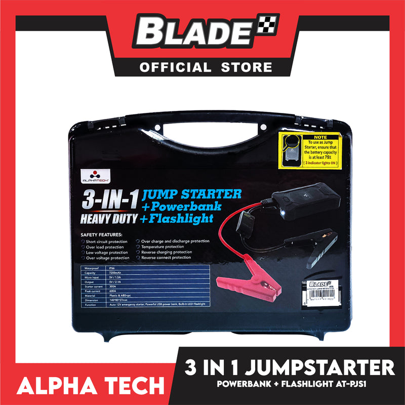 Alphatech 3 In 1 Heavy Duty Jump Starter + Powerbank + Flashlight IP66 Dust And Water Proof Rating 600 Peak Amps, Jump Starter Powerbank For Car