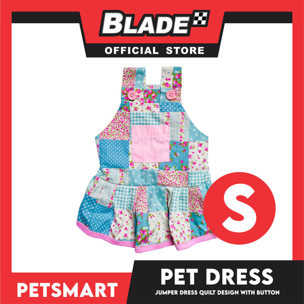 Pet Jumper Dress Quilt Design With Buttons, Blue With Pink Colors DG-CTN110S (Small) Perfect Fit For Dogs And Cats, Breathable Clothes, Soft Lightweight Pet Clothing