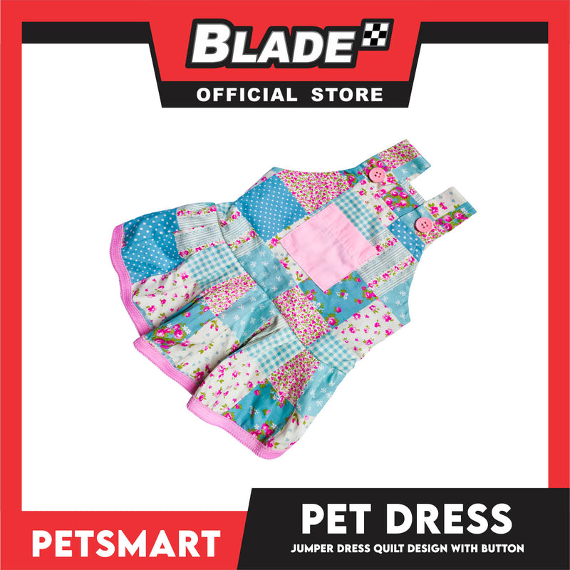 Pet Jumper Dress Quilt Design With Buttons, Blue With Pink Colors DG-CTN110M (Medium) Perfect Fit For Dogs And Cats, Breathable Clothes, Soft Lightweight Pet Clothing