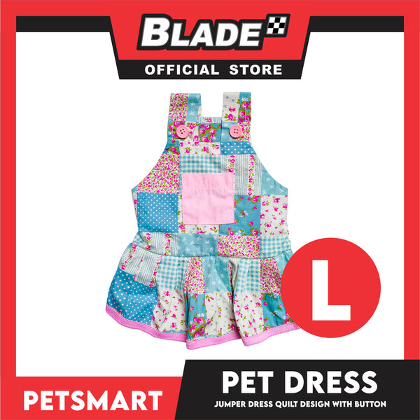 Pet Jumper Dress Quilt Design With Buttons, Blue With Pink Colors DG-CTN110L (Large) Perfect Fit For Dogs And Cats, Breathable Clothes, Soft Lightweight Pet Clothing