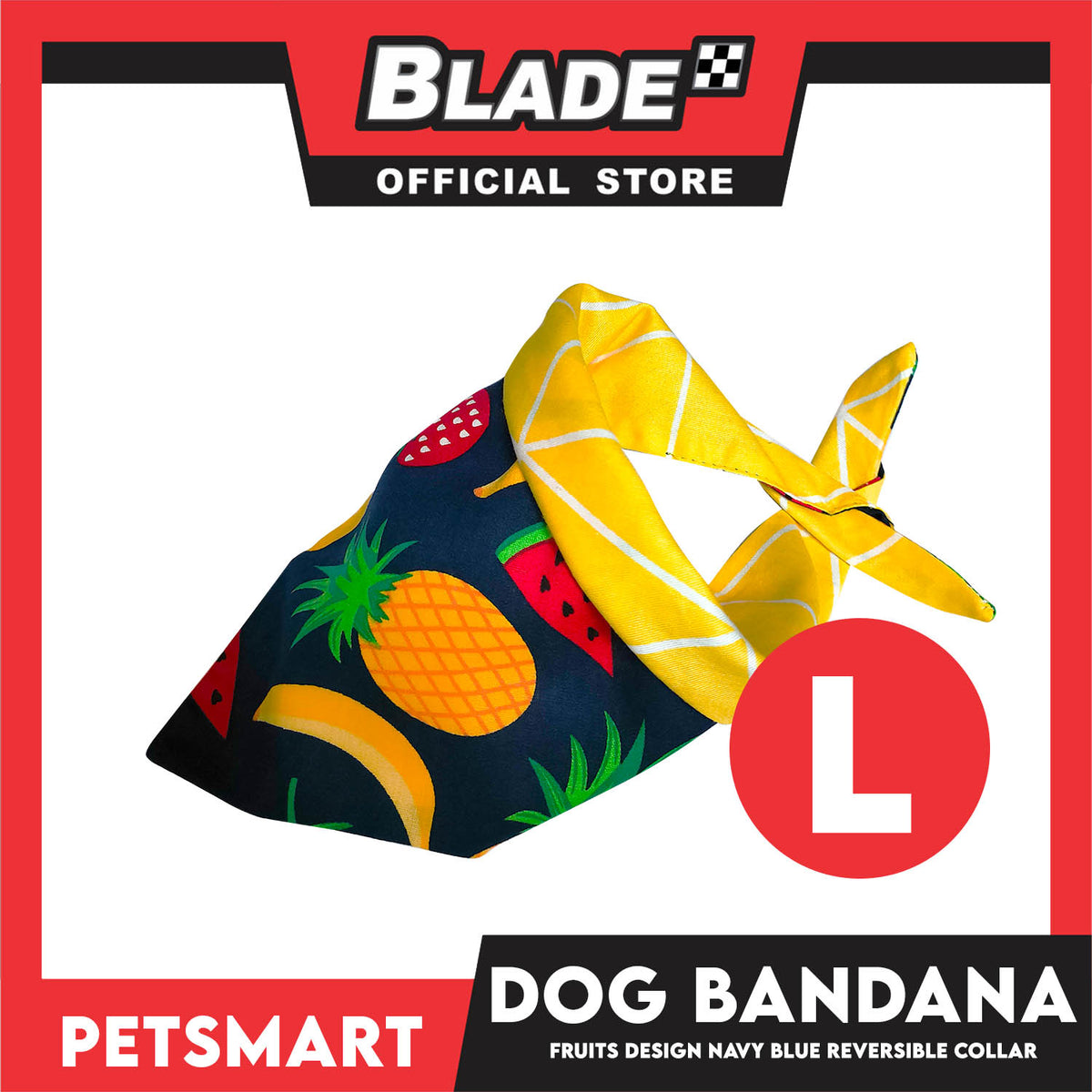 Pet Bandana Collar Scarf Reversible, Fruits Design Navy Blue With Yellow Lines Colors DB-CTN21L (Large) Perfect Fit For Dogs And Cats, Breathable, Soft Lightweight Pet Bandana