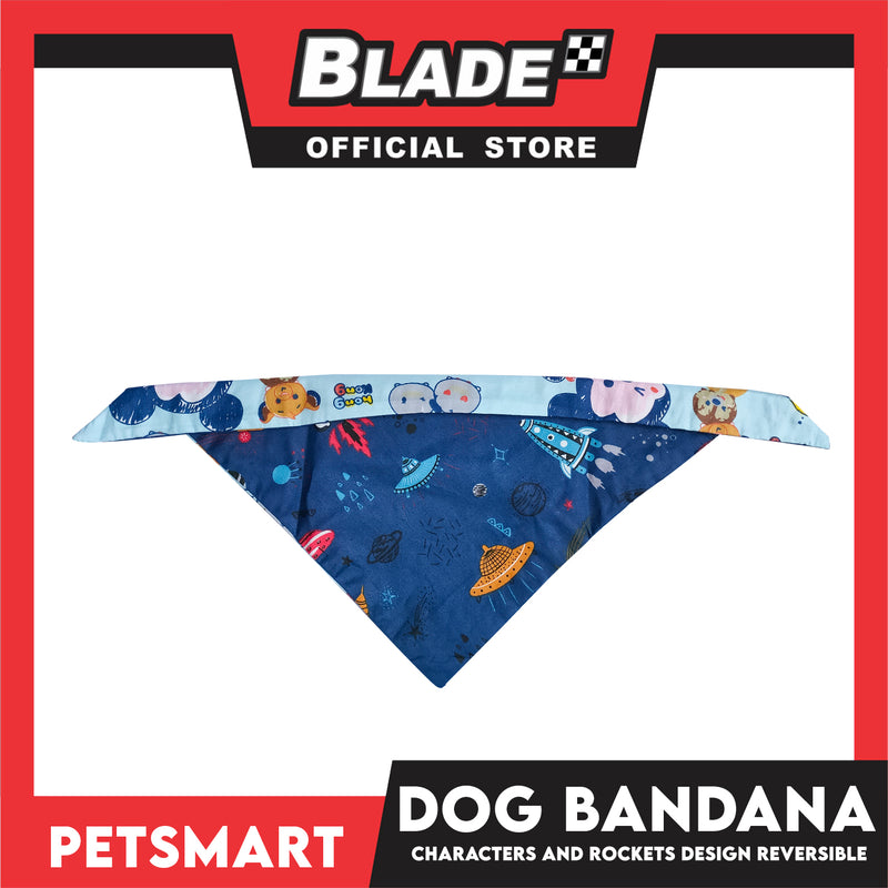 Pet Bandana Collar Scarf Reversible With Characters And Rockets Designs, Blue Color DB-CTN23L (Large) Perfect Fit For Dogs And Cats, Breathable, Soft Lightweight Pet Bandana