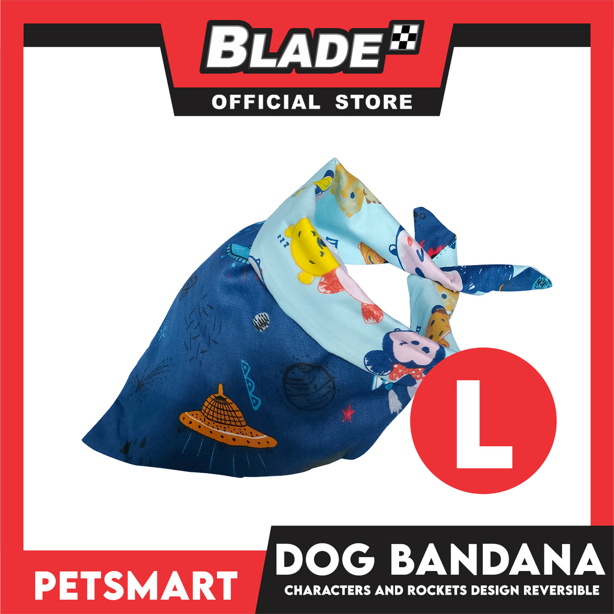 Pet Bandana Collar Scarf Reversible With Characters And Rockets Designs, Blue Color DB-CTN23L (Large) Perfect Fit For Dogs And Cats, Breathable, Soft Lightweight Pet Bandana