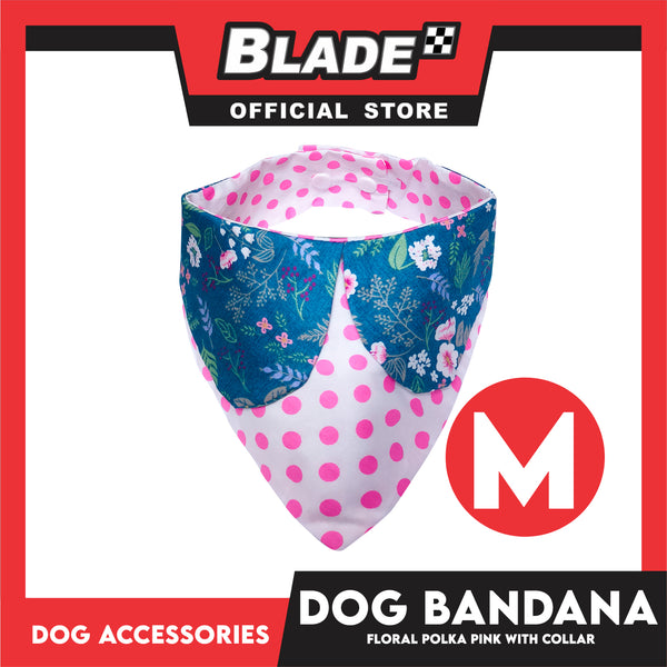 Pet Bandana Collar Scarf Reversible Pink Polka Dots With Blue Floral Designs DB-CTN26M (Medium) Perfect Fit For Dogs And Cats, Breathable, Soft Lightweight Pet Bandana