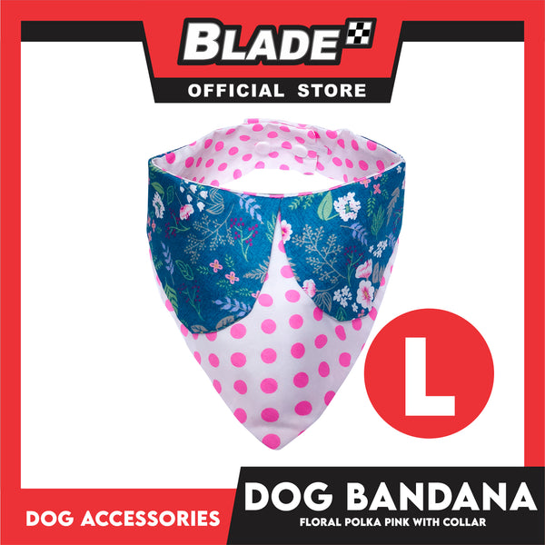 Pet Bandana Collar Scarf Reversible Pink Polka Dots With Blue Floral Designs DB-CTN26L (Large) Perfect Fit For Dogs And Cats, Breathable, Soft Lightweight Pet Bandana