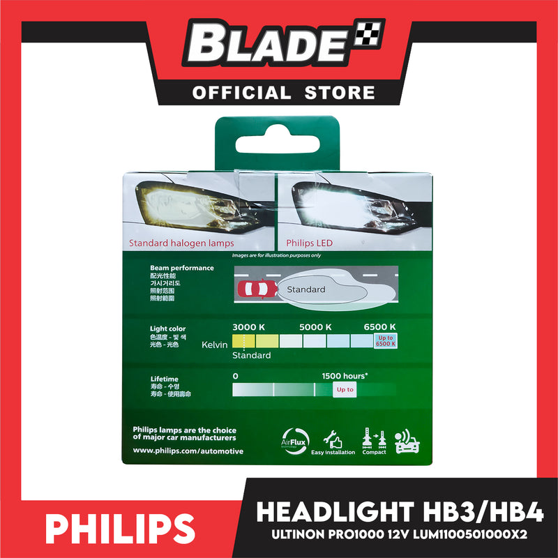 Philips Led Headlight Bulb Ultinon Pro1000 LED-HL HB3/HB4 Bright Stylish Ligh, Up To 6500 K Cool White Light, Car Headlight