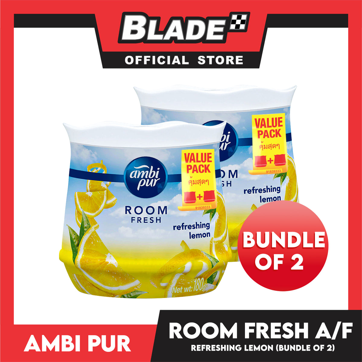 2pcs Ambi Pur Air Freshener Room Fresh 180g (Refreshing Lemon) Long-Lasting Freshness, Air Refreshing Gel
