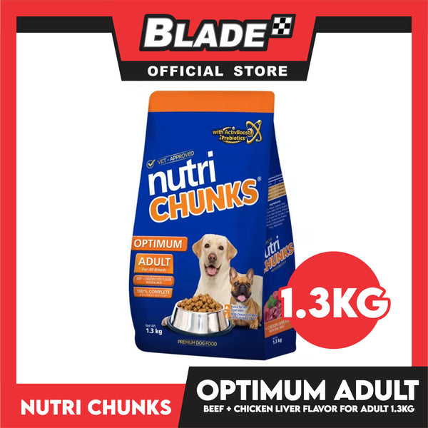 Nutri Chunks Optimum Premium Dog Food, Adult For All Breeds 1.3kg (Beef + Chicken Liver Flavor With Real Meat) 100% Complete And Balanced Nutrition, Dog Food