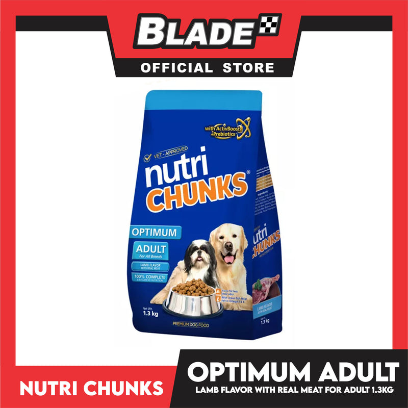 Nutri Chunks Optimum Premium Dog Food, Adult For All Breeds 1.3kg (Lamb Flavor With Real Meat) 100% Complete And Balanced Nutrition, Dog Food